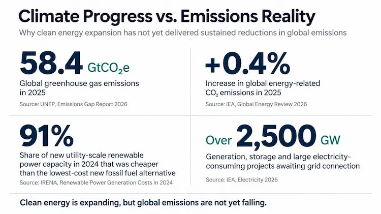 Infographic showing global emissions trends, renewable energy cost advantages and grid connection bottlenecks, based on UNEP, IEA and IRENA data.