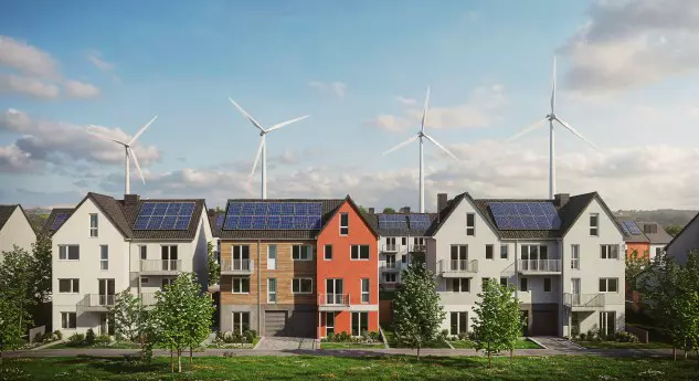 European city district with solar panels and green spaces, representing the shift toward sustainable and decentralized urban energy systems