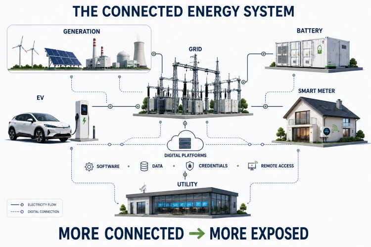Infographic showing cybersecurity risks in the energy transition as generation, grids, batteries, EVs, smart meters and utilities become digitally connected