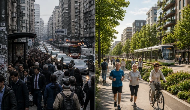 Split image contrasting two urban futures: a dense, stressed city with congestion and ageing infrastructure on one side, and a green, walkable environment where people of all ages remain active on the other