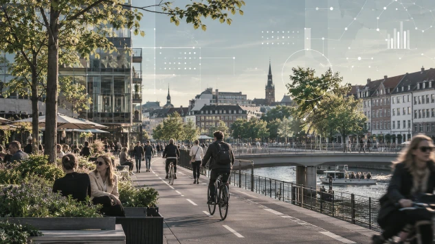European city waterfront with cyclists, pedestrians and green public space, overlaid with subtle data graphics representing measurable urban conditions